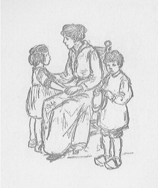 woman seated, with boy and girl
