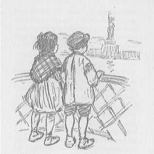 girl and boy standing on deck of a ship, looking toward the statue of liberty
