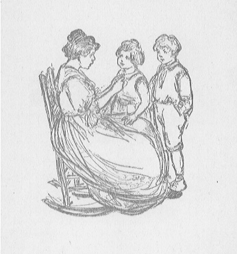 woman in rocking chair and two children