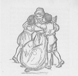 woman hugging children