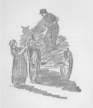 woman and man loading wheat-sheaves onto a cart