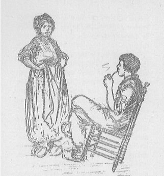 woman standing, man seated in chair smoking a pipe