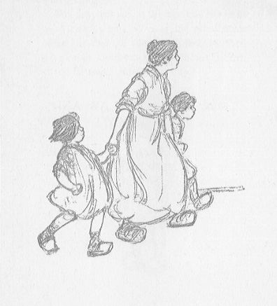 mother pulling two children