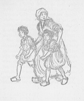 woman and two children hurring along