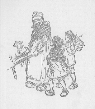 old woman with a cart and two children with cloths  and sticks to carry their their things