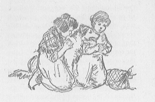 two children kneeling with dog