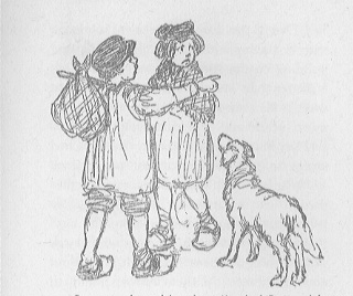 two children with bundles and a dog