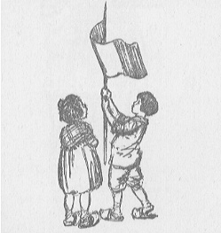 a girl and boy, the boy is holding a flag