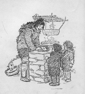 The twins ask their mother for food, as she is cooking meat inside the igloo