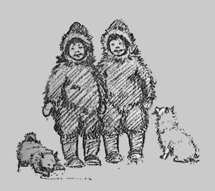 two eskimo children and two puppies