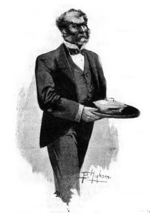 Image of a bearded man in a suit (John Hales), carrying a tray wth a tureen.