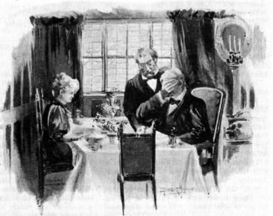 Image of a woman in dark dress (Loveday Brooke) seated across a dining from a man in a suit (Mr. Craven) with a hand clasped over his face. His butler is standing beside him.