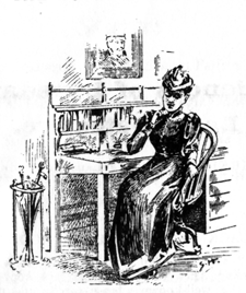 Image of woman in Edwardian dress (Loveday Brooke), sitting at a desk with hand to her chin.