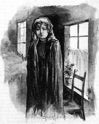 Image of a young-looking woman (Sister Anna) covered in a black cloak and looking sad, in a room with several beds.