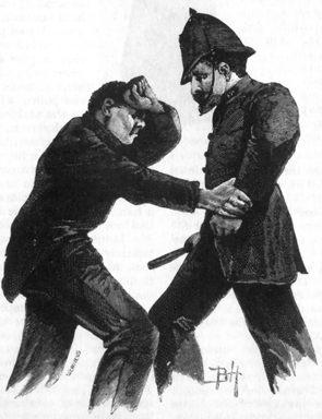 Image of a muscular man holding his forearm across his forehead and grasping the arm of a man in a British policeman's uniform, who's holding a nightstick in his hand.