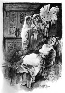Image of a woman lying on a sofa, with two women behind her, wearing robes and holding a palm leaf.