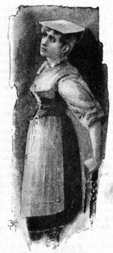 Image of a woman in a dirndl with a flat hat, looking up.