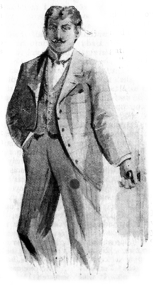 Image of a man (Major Druce) in a plaid suit with a curled moustache and parted hair.
