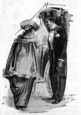 Image of a woman in a fancy cape, from behind. She approaches a carriage as a man in a tuxedo and top hat stands by.