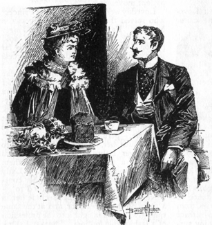 Image of a woman in a cape and hat (Loveday Brooke). She stares feircely at a well-dressed man with a curled moustache (Major Druce).