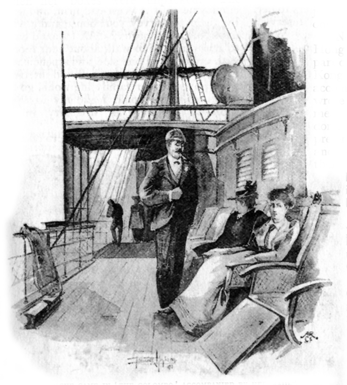 Image of a man on a ship, standing by two disinterested-seeming women seated in chairs on the deck.