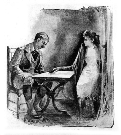 Image of a young man in a plaid jacket and ascot, with waxed moutstache, seated at a table. A girl in a white dress is placing cards on the table in front of him.