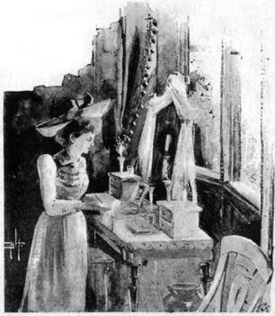 Image of a woman with a large hat (Loveday Brooke), standing in front of a lady's dressing table.