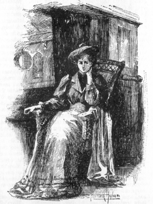 Image of a young woman in a hat (Miss Monroe) seated in a chair, in the interior of a ship.