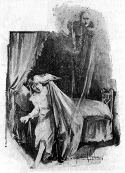 Image of a girl (Martha Watts) fleeing her bed. A ghostly image  of a person hovers over the bed.