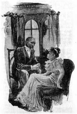Image of a man (Mr. Clampe) seated and talking intently to a woman in a overstuffed chair (Loveday Brooke).