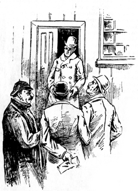 Image of a man leaning against an open doorframe. Blocking his way are three men; a man with a moustache and deerstalker hat, and two men in bowler hats.