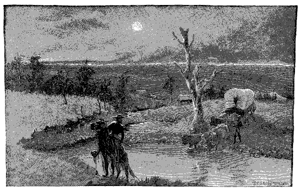 Oxen pulling a covered wagon through a river, while a man on horseback rides ahead.