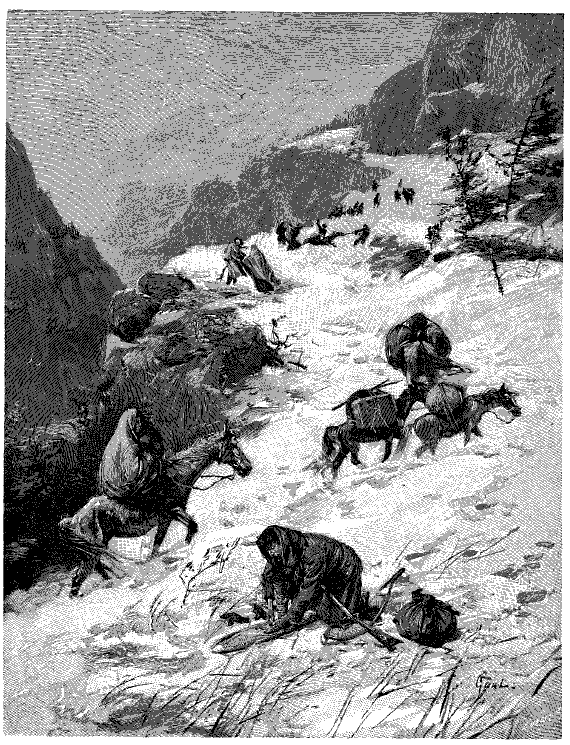 People and horses struggling to climb a mountain in the snow.