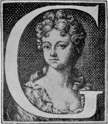self-portrait engraving of woman with curly hair surrounded by large letter G