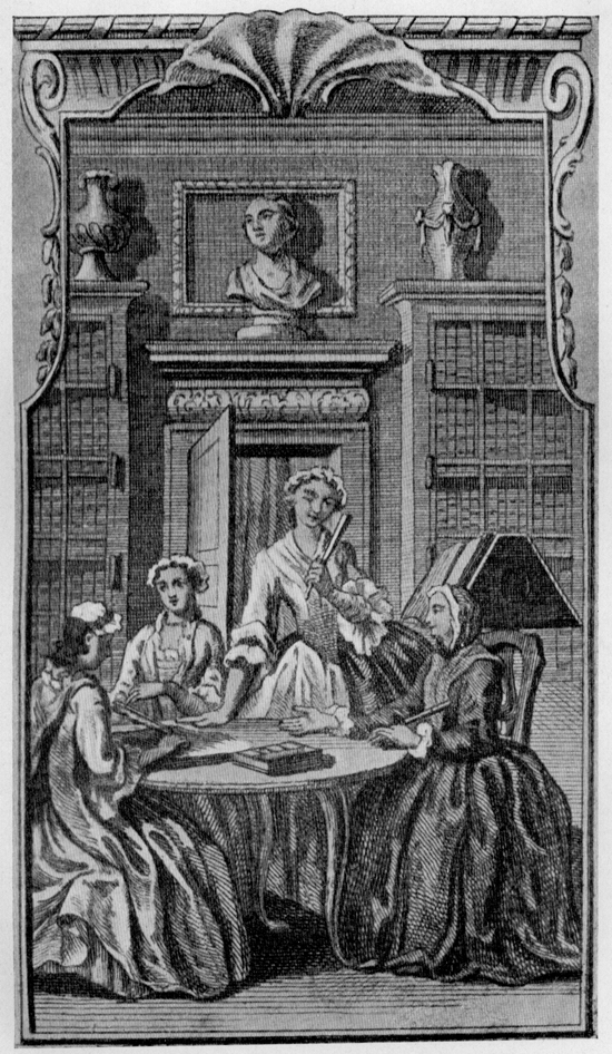 four women around a table in a library
