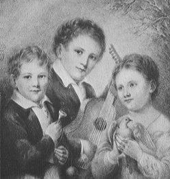 three children holding toy, guitar, and bird