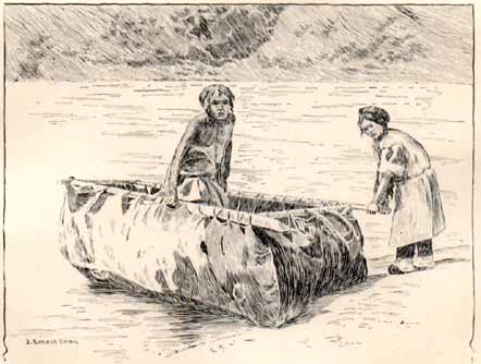 two people with tub-shaped boat made from animal hide
