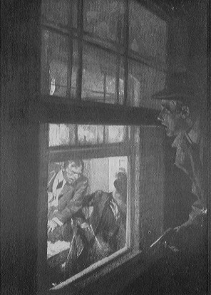 Man with gun looking into a window where a man is leaning aggressively towards a woman.