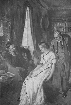 Woman slouched down in a chair with two men observing her.