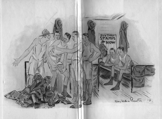 Two page spread of the troops in their bunk, some are arguing.