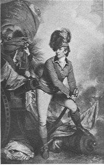 Man in military uniform with sword standing near a cannon.