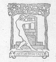 man operating printing press over banner reading 'Arti et Veritati'