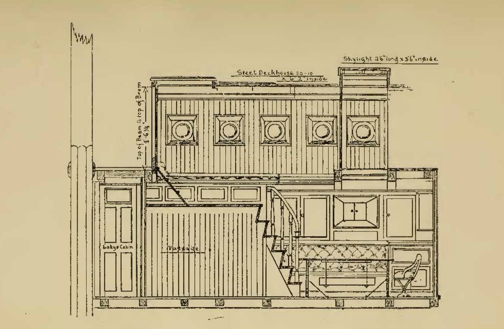 section drawing of ship's deck with two levels