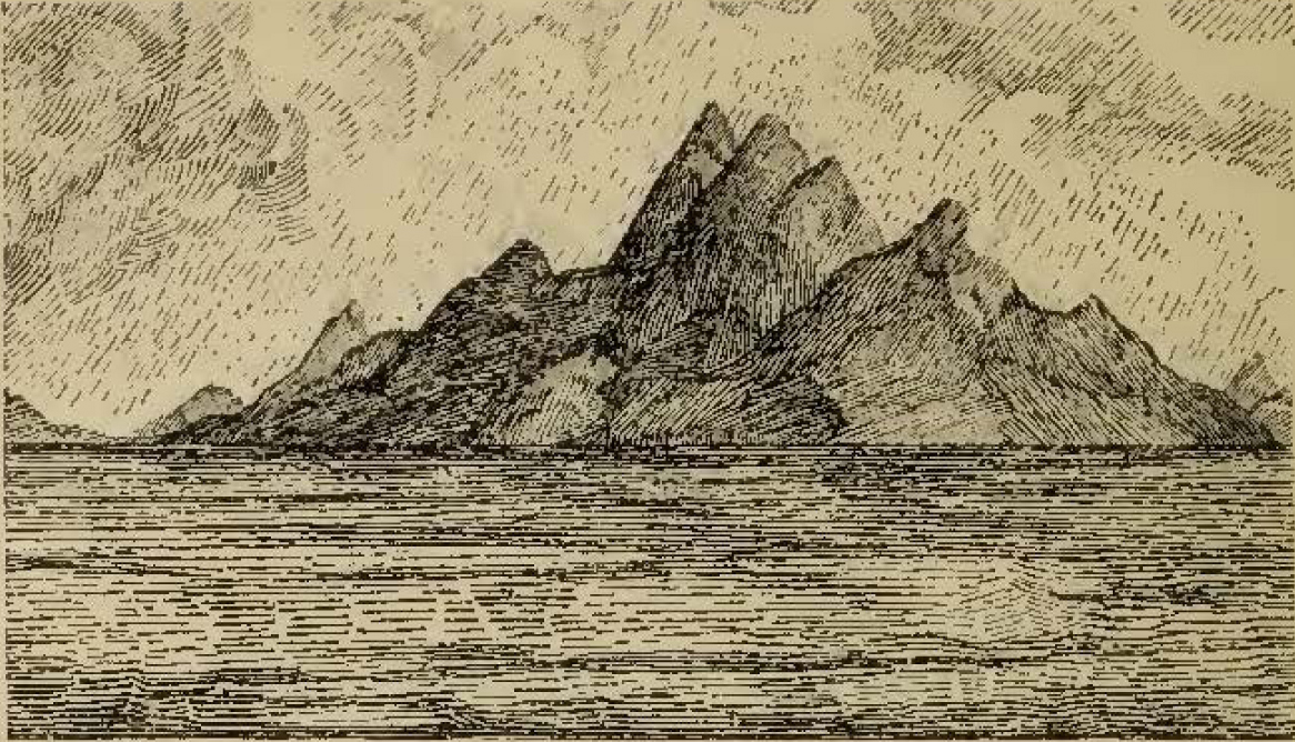 engraving of island with tall mountainpeaks
