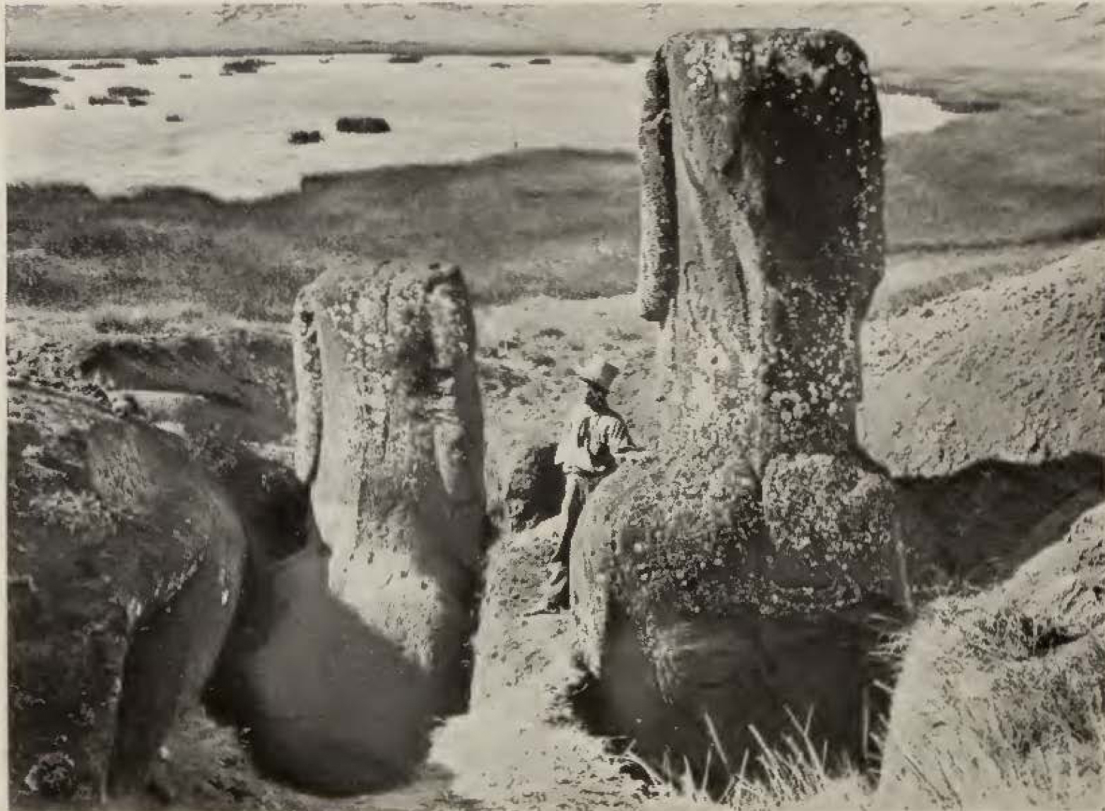 Humorous moai sculpture with pilot helmet