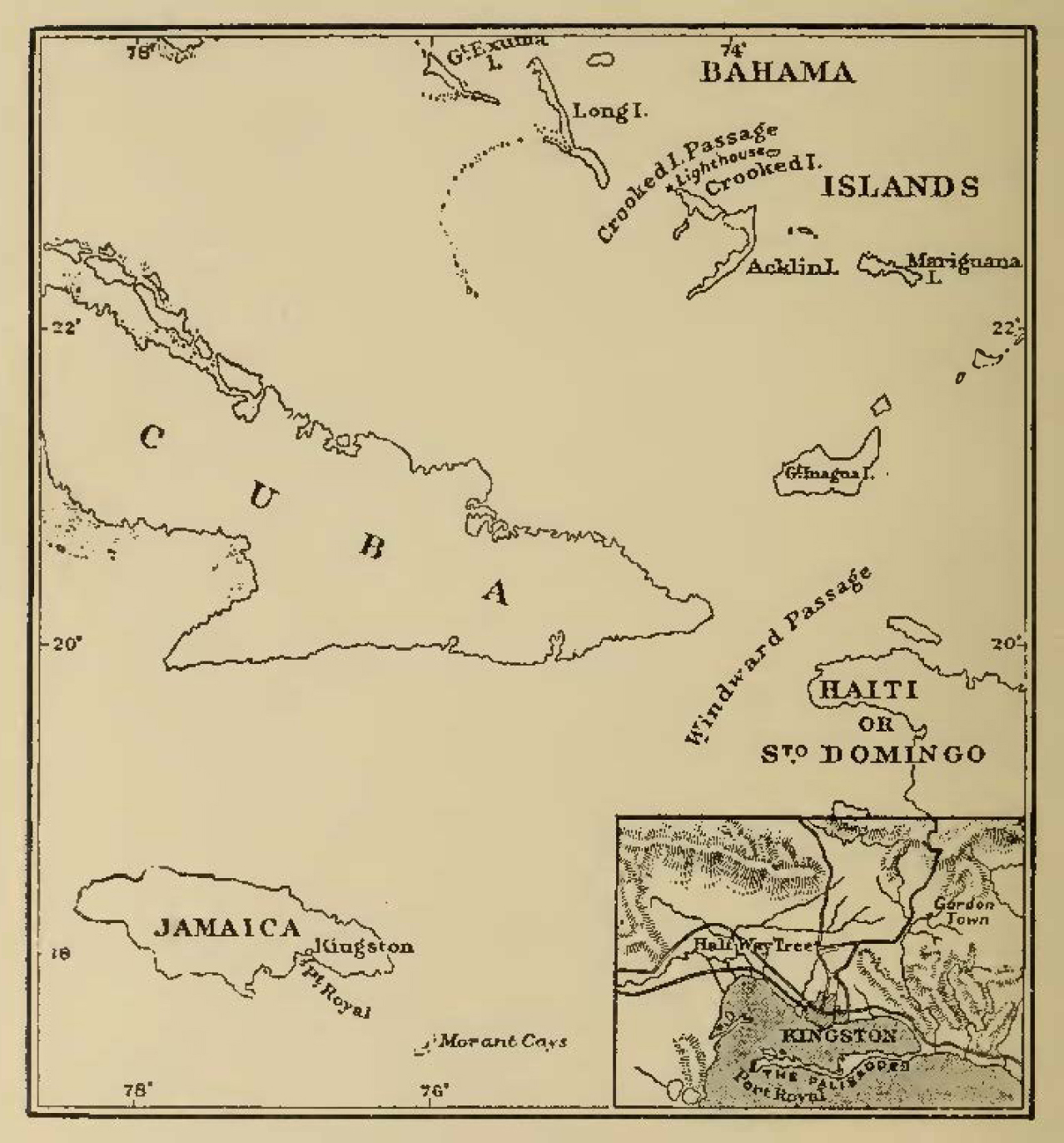 map of Jamaica, Cuba, and Bahamas with Kingston inset