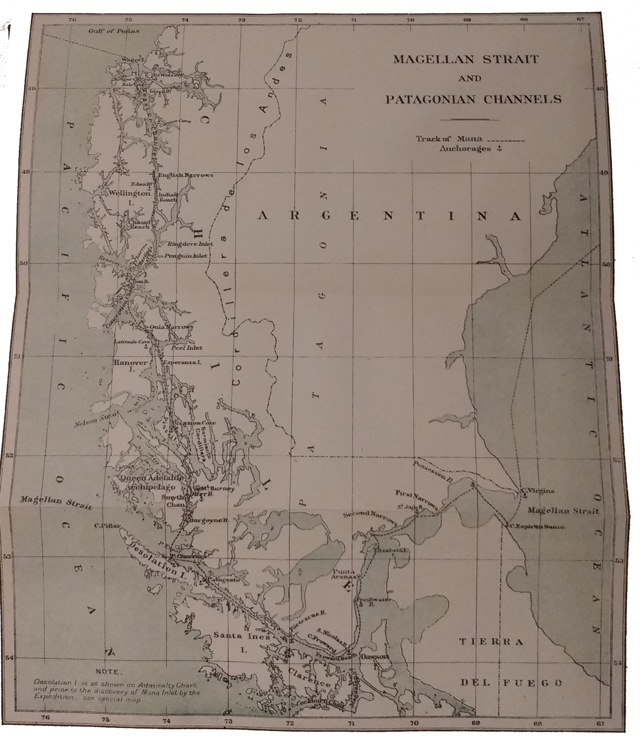 map of Magellan Straits and Patagonian Channels through southern tip of South America