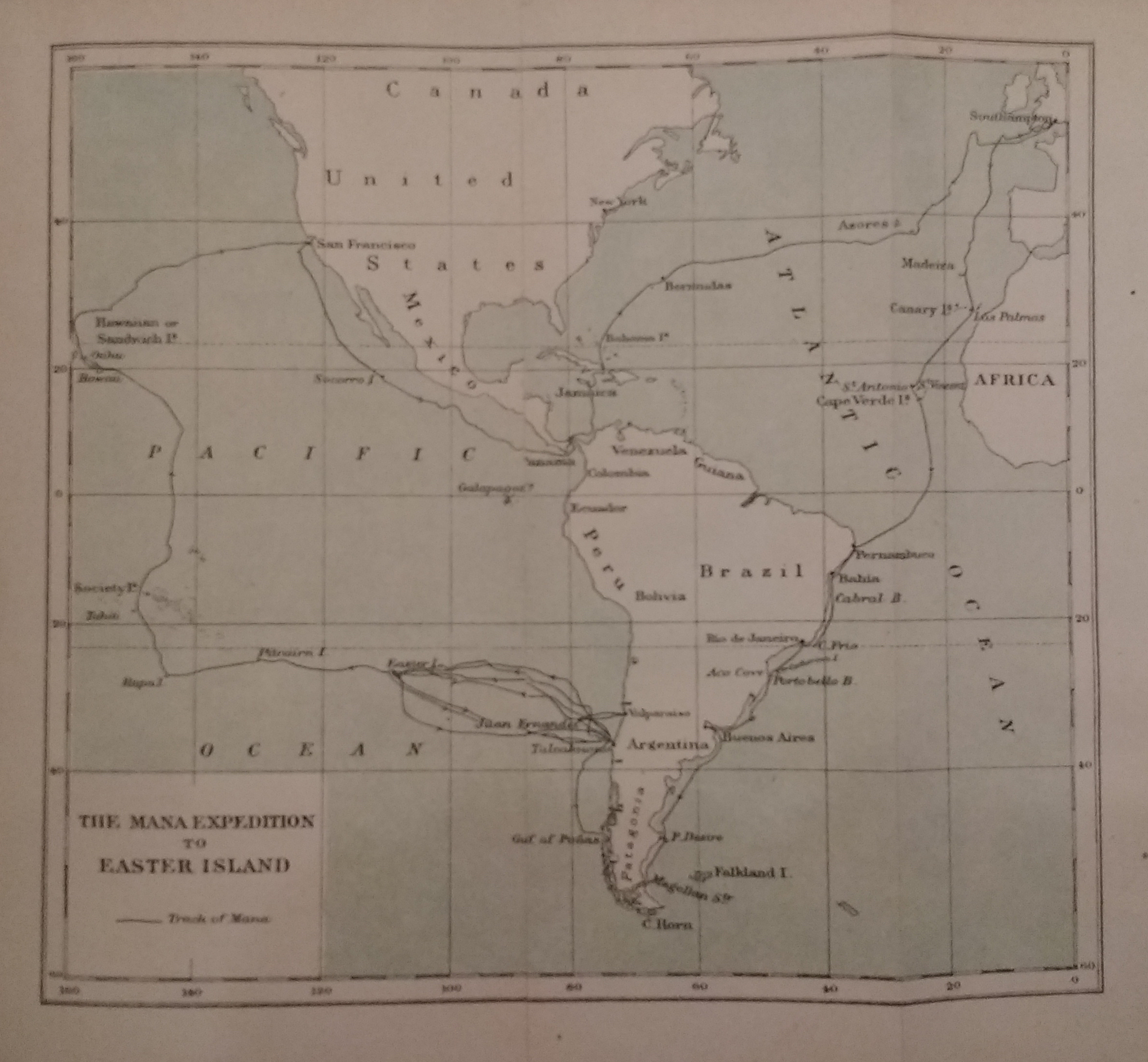 map showing course of Mana Expedition through Atlantic and Pacific