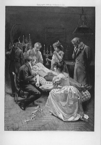 Several people, some with candelabras, surrounding a man passed out on a chaise.