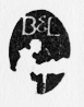 publisher's colophon of writer seated at table, initials B&L